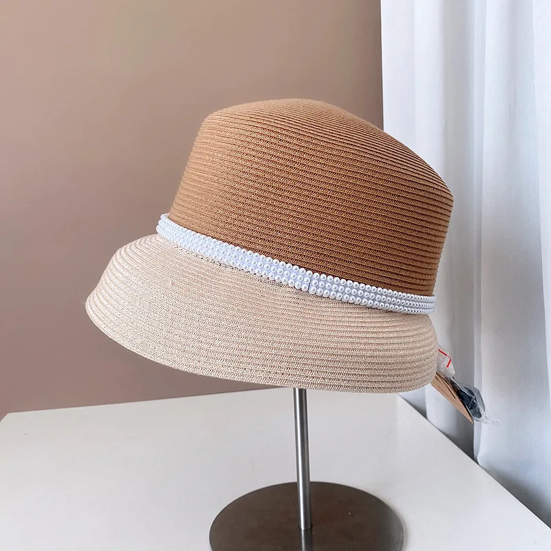 

Hepburn wind color pearl fisherman hat fashion straw woven lampshade hat temperament elegant basin hat tide