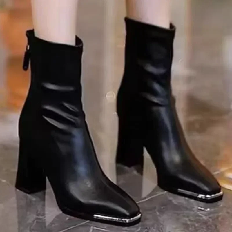 

Women Ankle Boots Fashion Eelgant Back Zippers Shoes Vintage Square Heels Autumn Winter Ladies Stretch Modern Booties 34-40