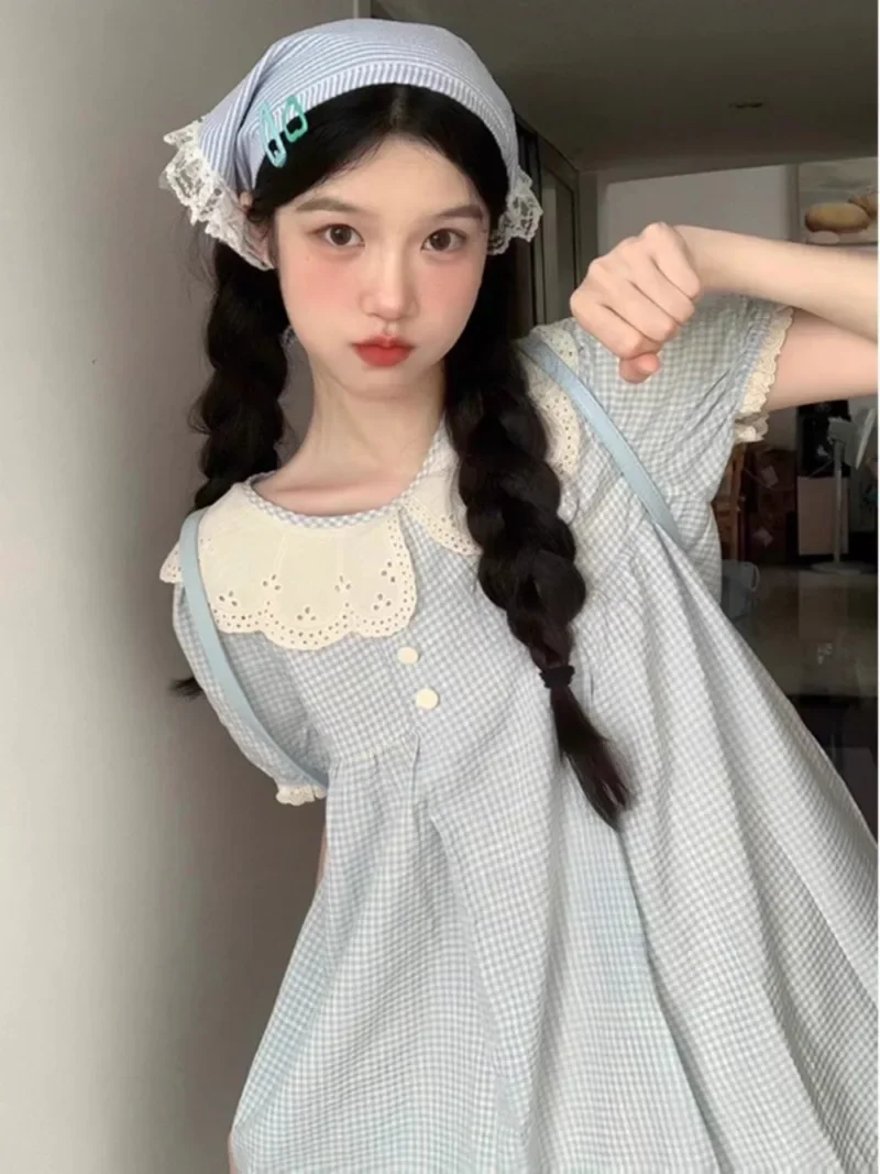 Japanese Summer New Sweet Doll Collar Foreign Style Age Reduction Small Man Pure Blue Plaid Fashionable and Versatile Dress Girl