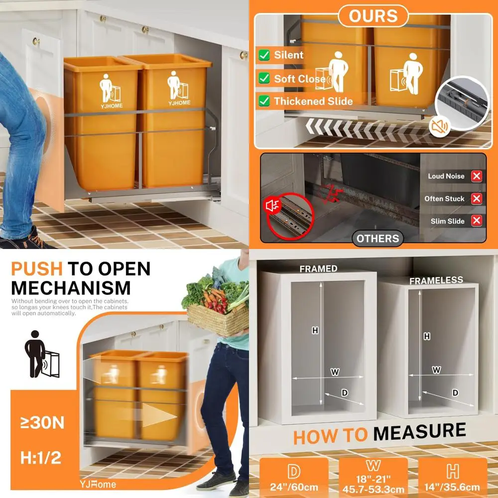 

Pull-Out Double Cabinet Trash Can with Push-to-Open Slides, Garbage Bin Not Included