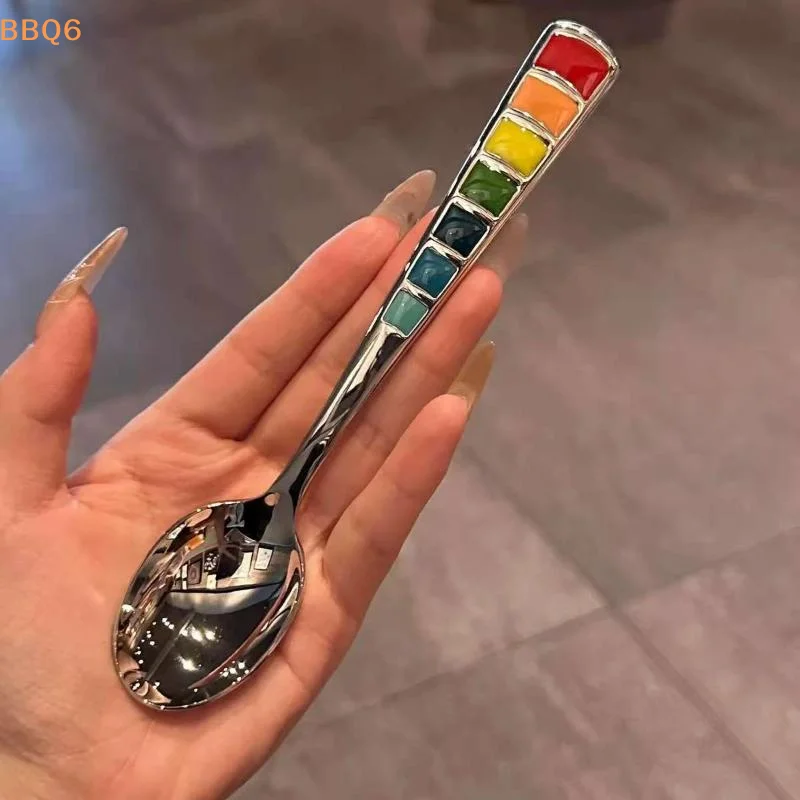 *2Pcs Macaron-Colored Stainless Steel Dessert Spoons High-Aesthetic Colorful Enamel Spoons For Home Kids Picnics & Bento
