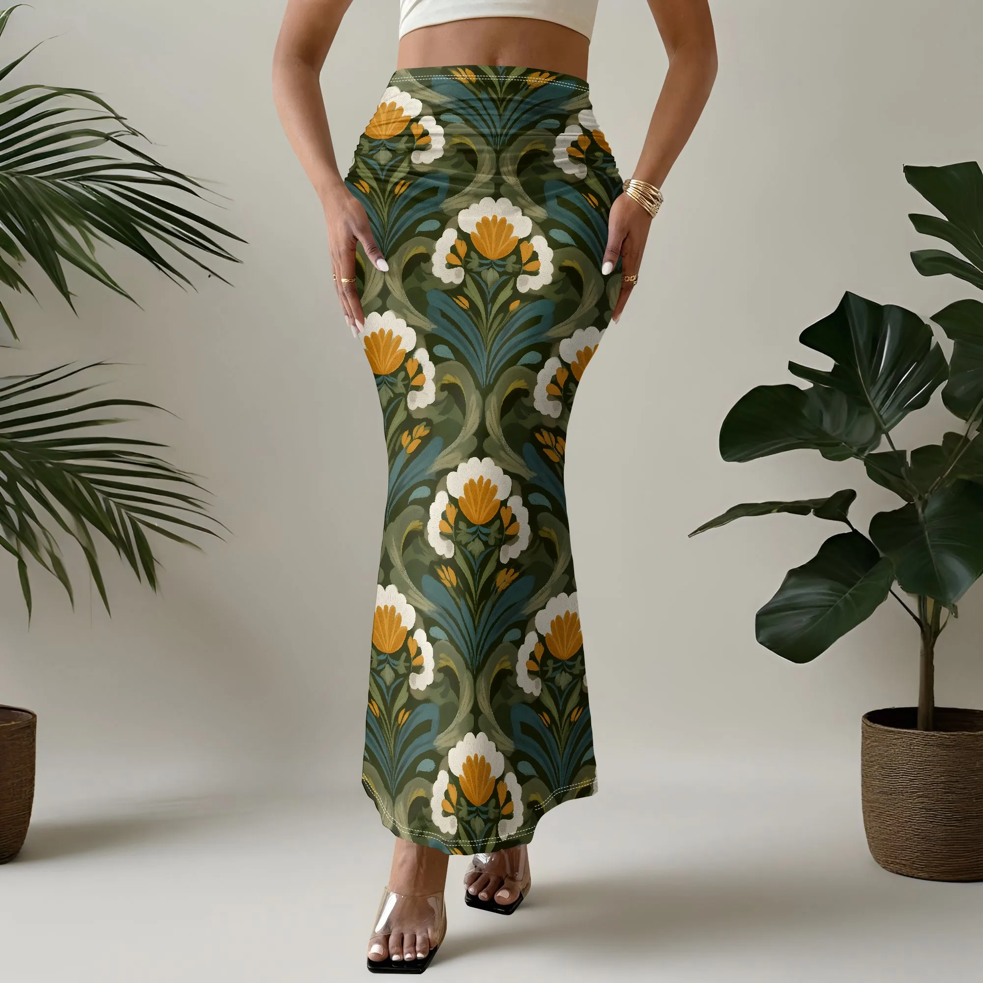 Vintage Floral Mermaid Skirt, Art Nouveau Pattern, High Waist Bodycon, Elegant Party Wear, S-2XL