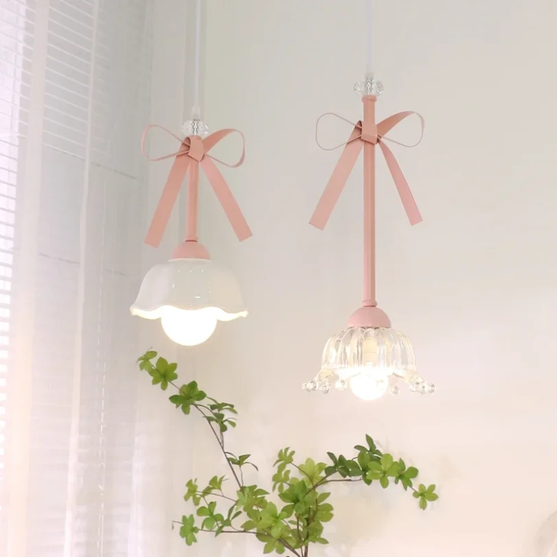 Princess Pink Bow Knot Pendant Lights for Children Kids Bedroom Hanging Lamp Ceramic Cute Small Ceiling Chandeliers Girls