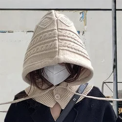 Women Hooded Scarf Hats Solid Color Cable Cute Knitted Pullover Balaclava Winter Warm Beanie Cap for Cold Weather