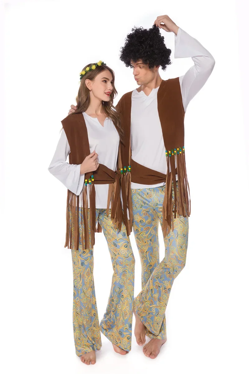 Adult Couple Retro 60s 70s Hippie Cosplay Costume Carnival Halloween Purim Fancy Disguise Clothing Suit Party Night Club