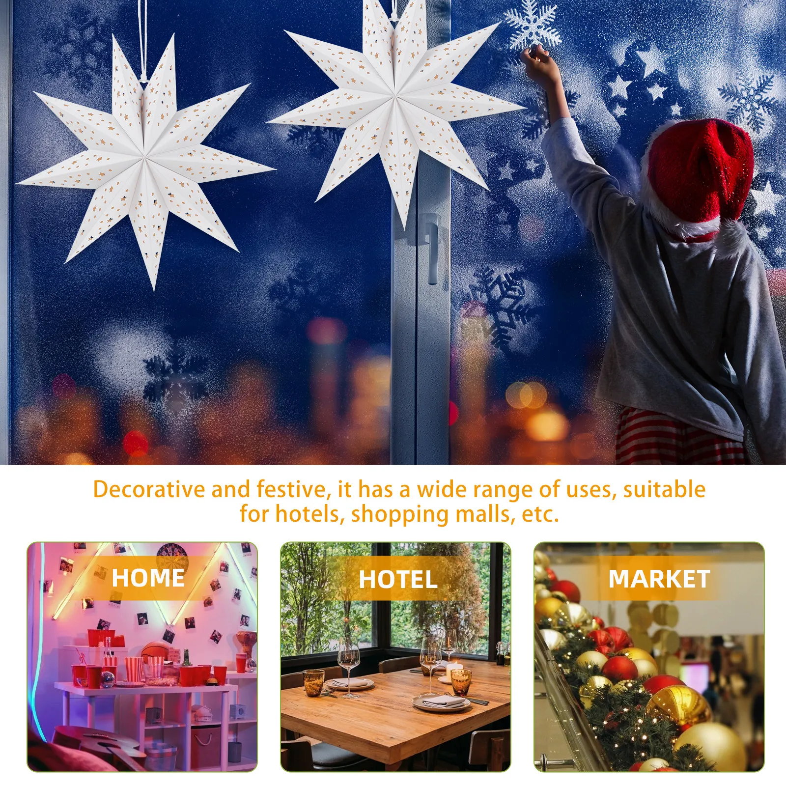 

3Pcs Decorative Star Lamp Shade Paper Christmas Pendant Lampshade for Indoor Outdoor Decoration Warm Romantic Light Nine Pointed