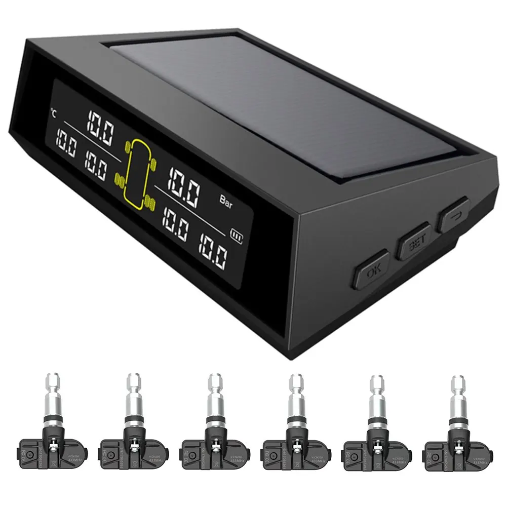 

Monitoring System Tire Pressure Sensor Accessories Easy Installation LCD Replacement Solar Powered USB Charging