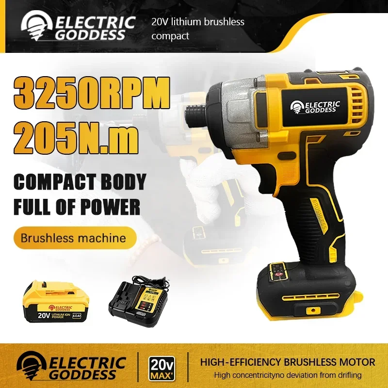 Electric Goddess 3250RPM Cordless Compact Screwdriver 205N·M Brushless Lithium-ion Household Screwdriver For 20V Dewalt Battery