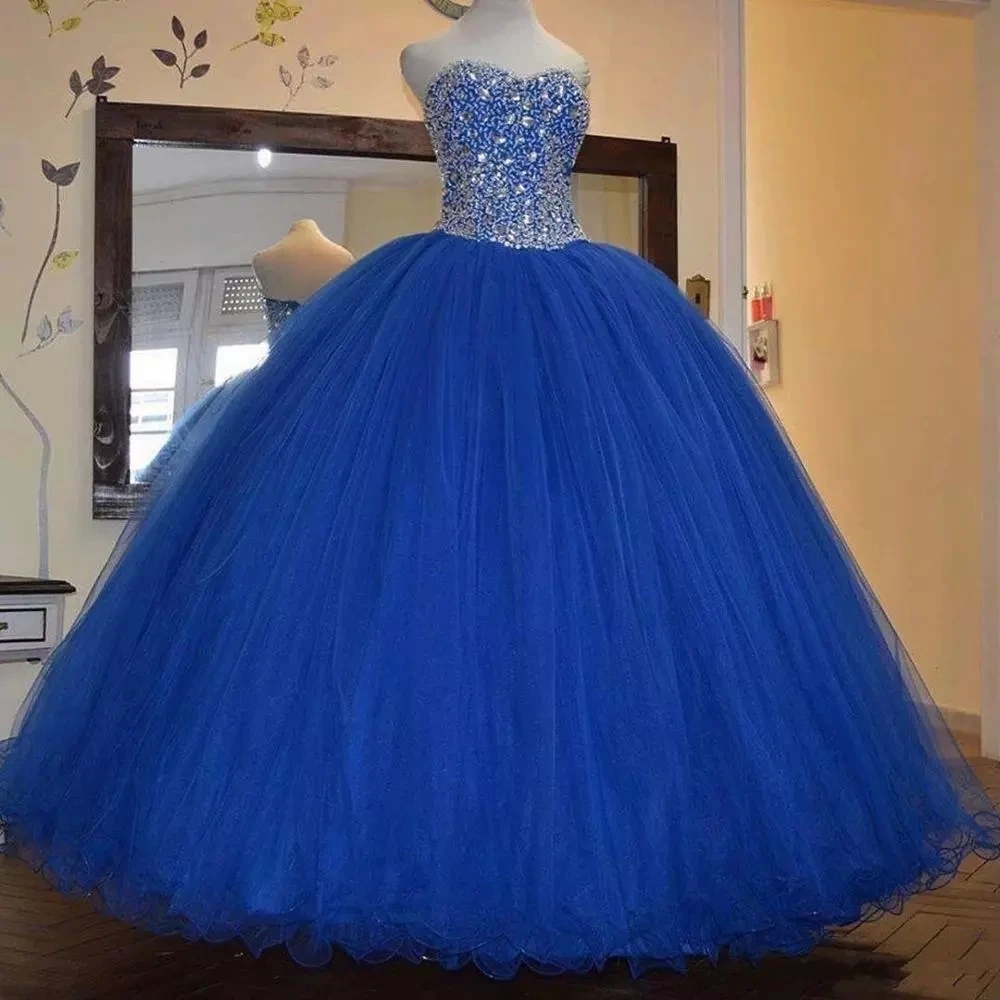 ANGELSBRIDEP Royal Blue Ball Gown Quinceanera Dresses For 15 Party Luxury Crystals Beads Tulle Princess Birthday Gowns Plus Size