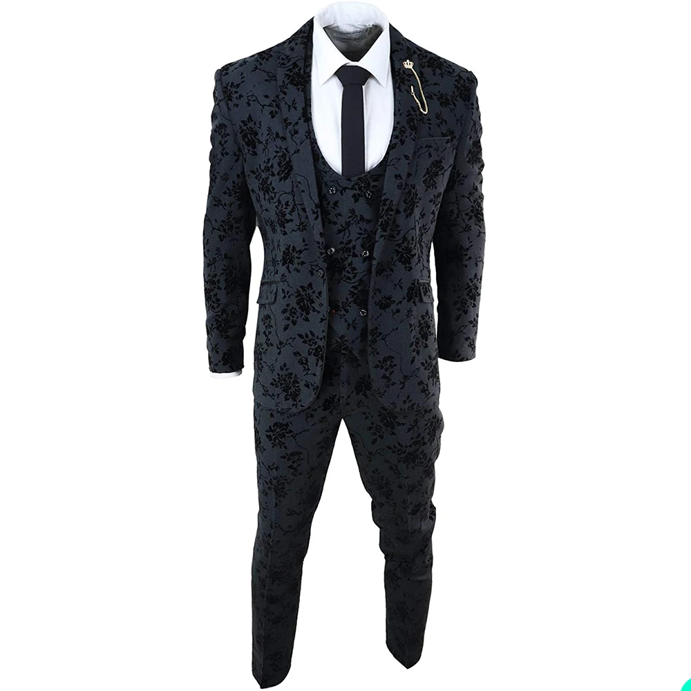 Trajes de boda Jacquard florales para hombres, esmoquin de solapa de Chal, ropa de novio ajustada, chaqueta de negocios, pantalones y chaleco de oficina, 3 piezas