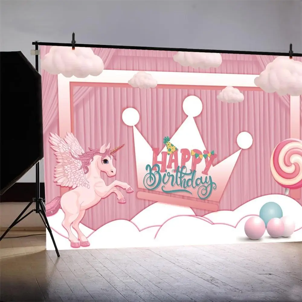 خلفيات تصوير تاج مصاصة لون وردي وحيد القرن ، صورة كرتونية للفتيات ، حفلة عيد ميلاد ، خلفية تصوير ضوئي ، تصوير استوديو