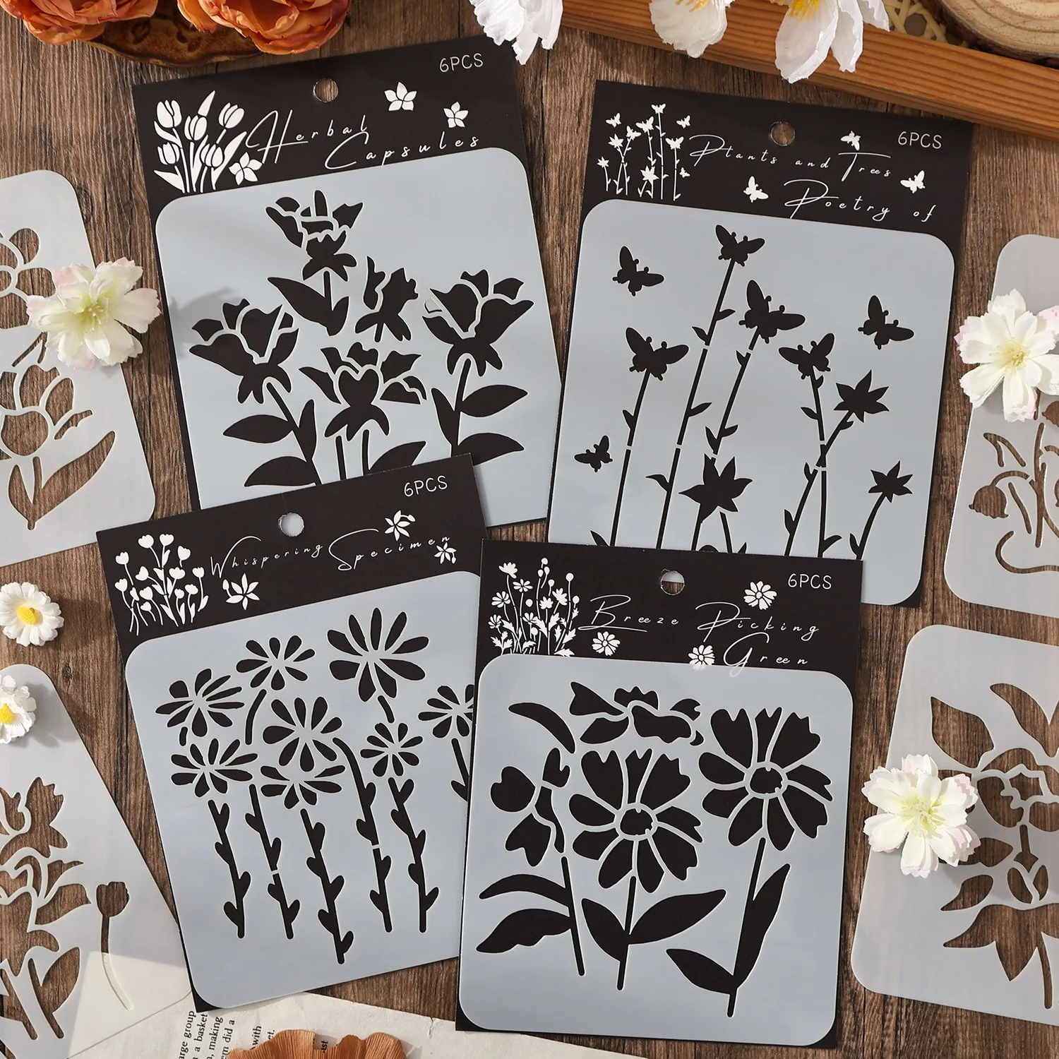 Flower and Plant Hollow Stencil for Spray Painting and Coloring PET Art Template 6sheets/pack