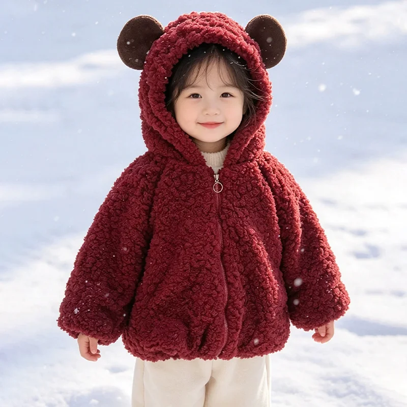 2-8 Years Kids Cute Cartoon Bear Hooded Jacket Autumn Winter Lamb Fleece Thickened Warm Coat Casual Zipper Outerwear for Girls