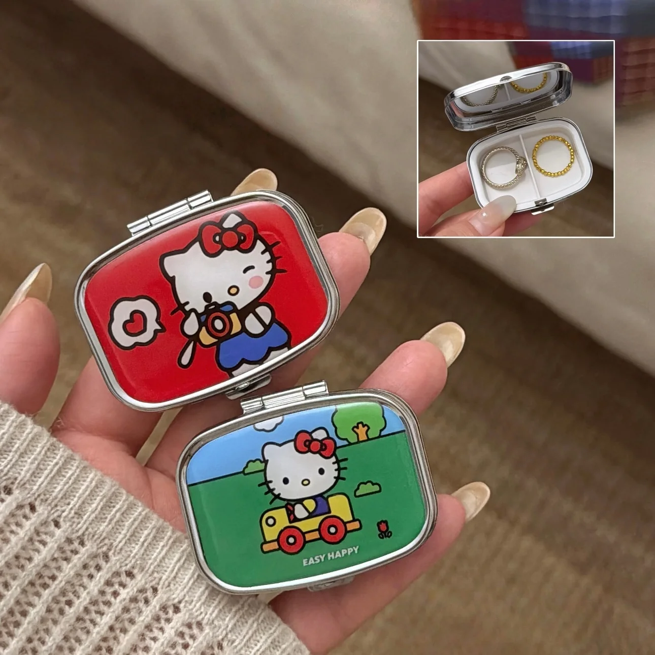 Anime Sanrio Hello Kitty Metal Storage Box Pill Organizer Compartmentalized Cute Cartoon Mini Jewelry Box Candy Container Kawaii view 6