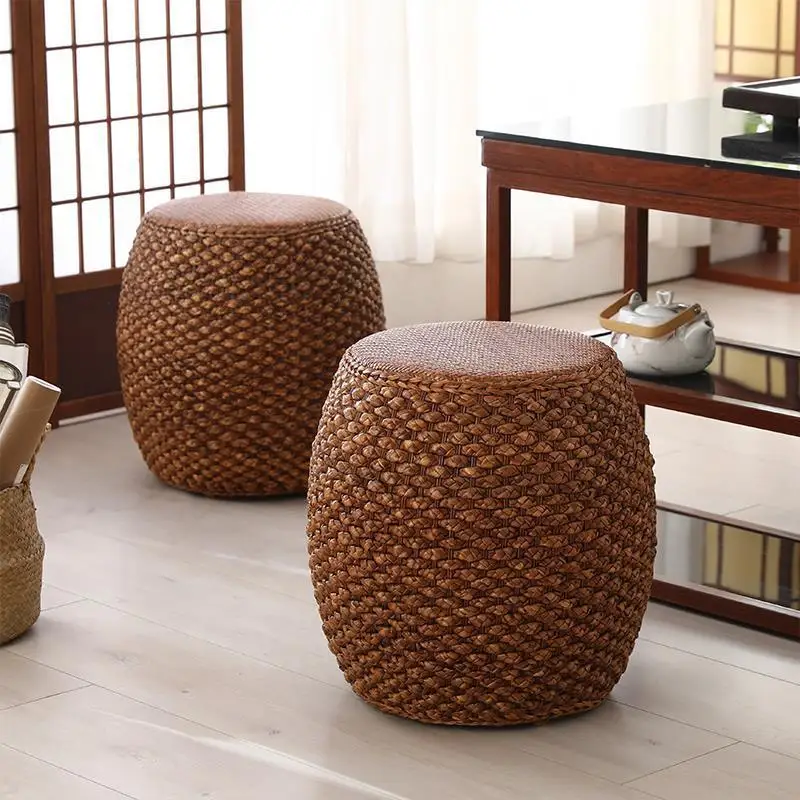 

Rattan Chinese-style solid wood woven grass makeup low drum stool household living room coffee table change shoes sitting