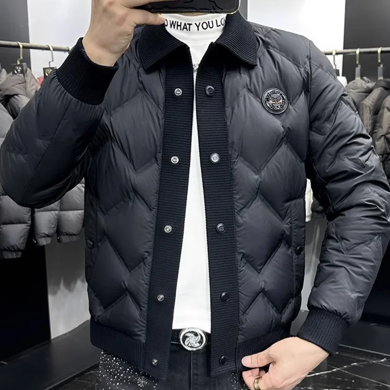 Chaqueta de plumón para hombre, abrigo de Color liso, chaqueta de invierno de manga larga, chaqueta de punto de retales, chaqueta de plumón brillante para hombre, color negro 2024