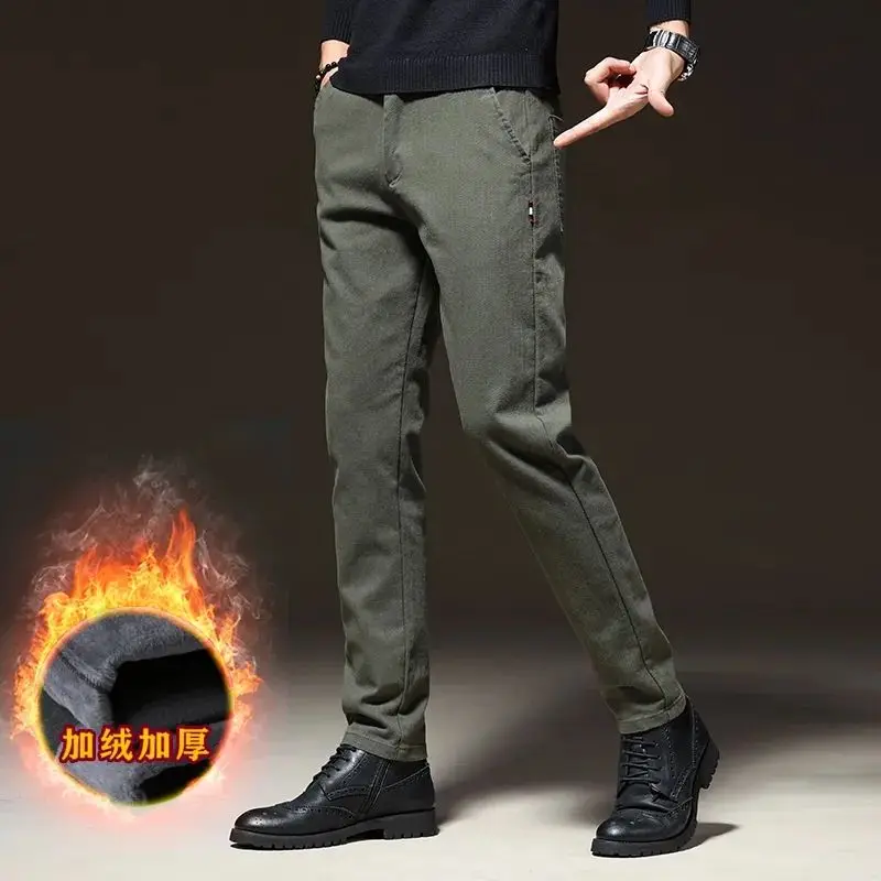 Men's Casual Autumn and Winter Sky Style with Thick Velvet Loose Straight Tube Elastic Business Fit Elastic Waist Versatile Pant