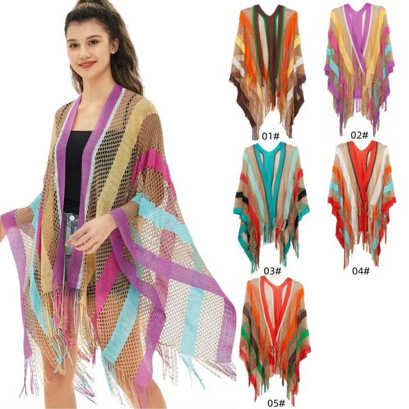 Women's Bikini Outer Blouse One Size Fits All, Ethnic Style Rainbow Striped Summer Sun Protection Fringed See-through Blouse
