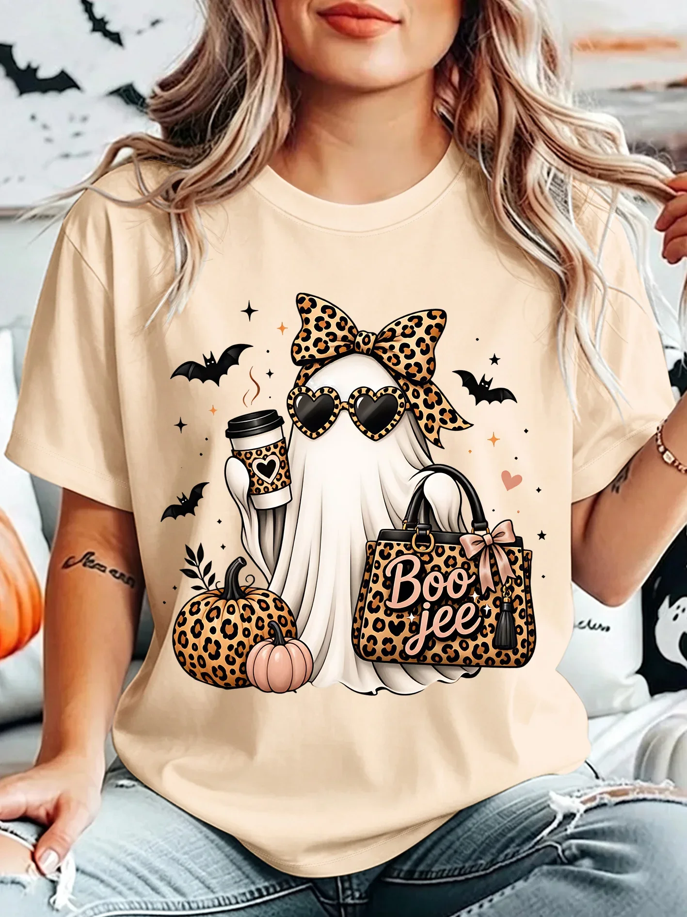 Leopard Boo Jee Ghost Womens T Shirt Halloween Coffee Pumpkin Bow Graphic Tee Short Sleeve Casual Holiday Party Ladies Tops