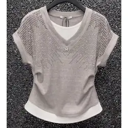 Two-piece Temperament V-neck T-shirt for Women in 2025 Summer Fashionable Waist-hugging Top