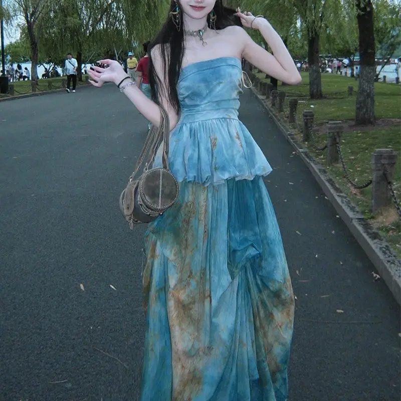 

New Chinese Two-Piece Set High-End Tie-Dye Sleeveless Strapless Top Pleated Irregular Large Swaying Puffy Skirt Summer Suit