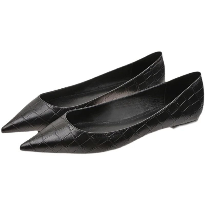 Women Flats Black Shoes for Lady Small Size 31 32 33 Big Size 43 44 Pointed Head Pu Leather Stone Pattern Summer Spring 2023