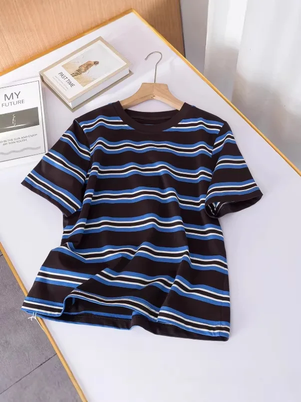 Dave&Di Spring/summer New Women's Standard Edition Round Neck Short Sleeve Striped T-shirt