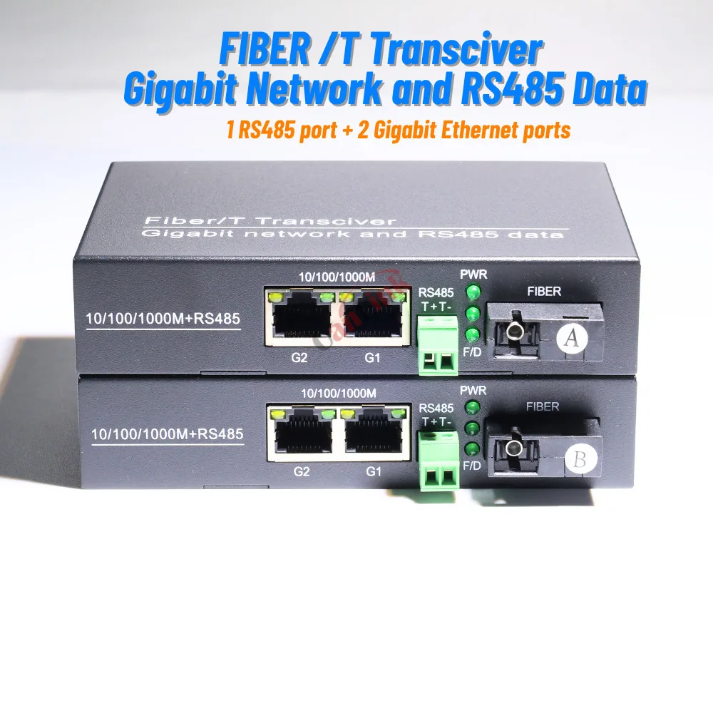 1 Pair SC RS485 to Ethernet Fiber Converter 1 RS485+2 Gigabit Ports 20km SX SM Transmission Plug and Play