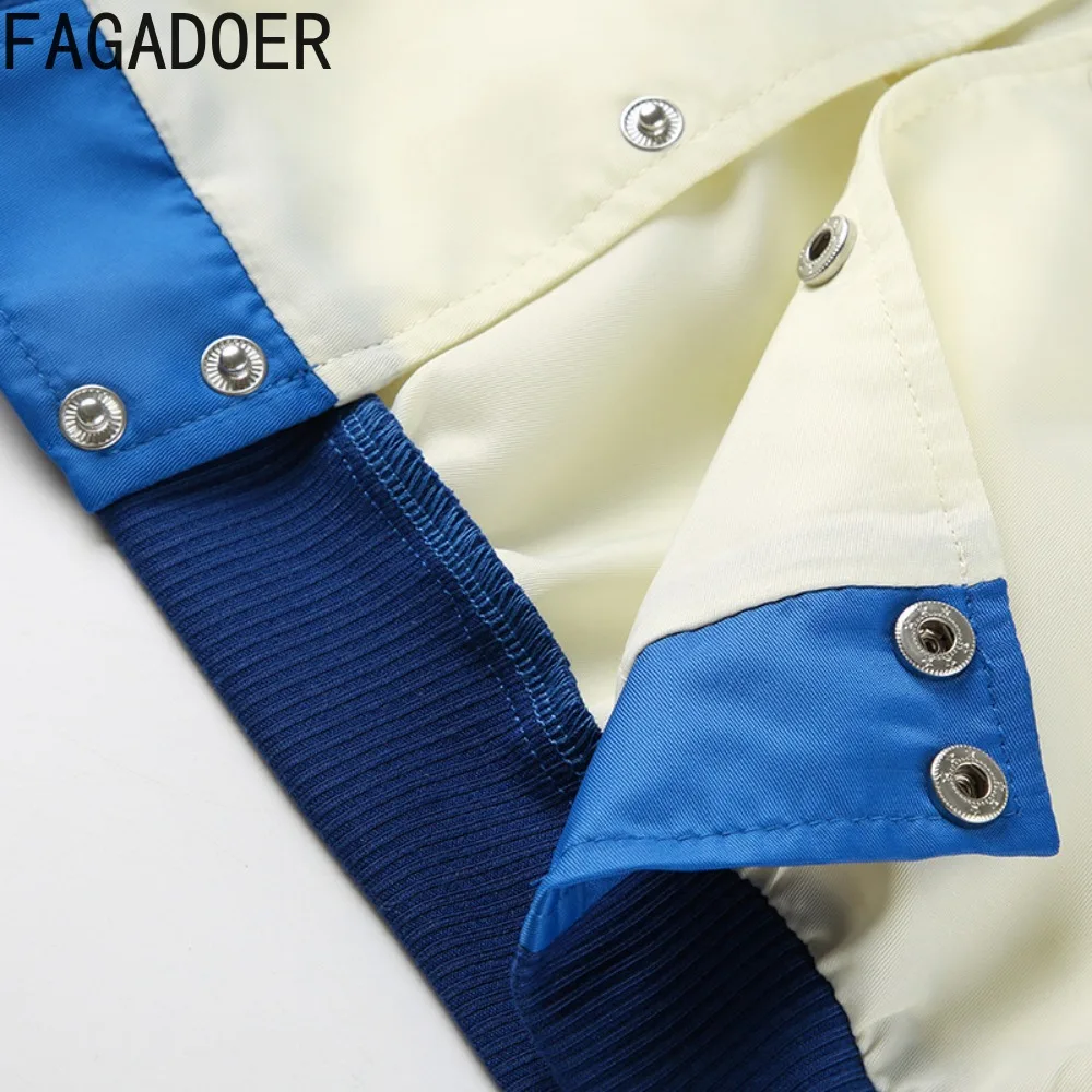 FAGADOER Letter Print Baseball Jacket Coat Women Preppy Style Letter Buttons Stacked Sleeve Crop Coats Fashion Y2K Streetwear