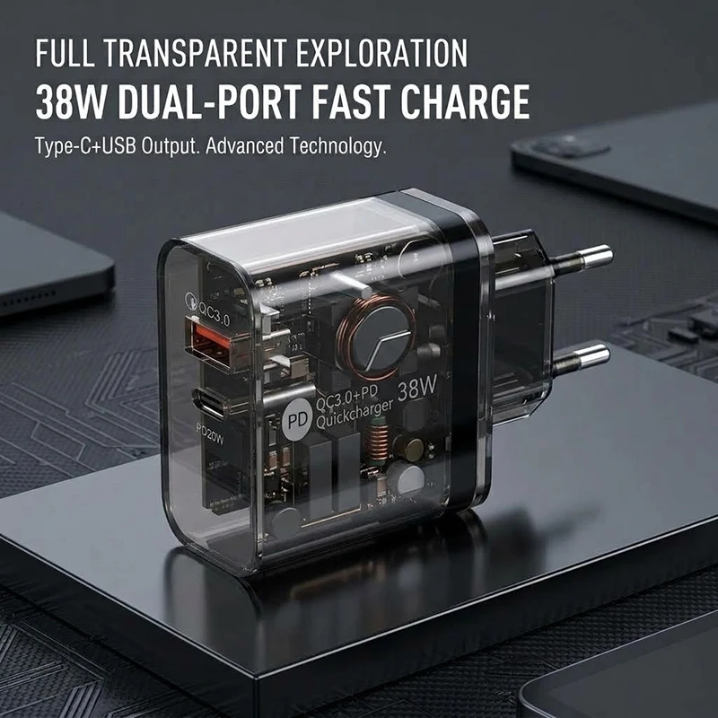Translucent 38W Dual Port Charger QC3.0 PD20W High Speed EU Plug Wall Adapter Transparent Power Block Multiple Safe Charging