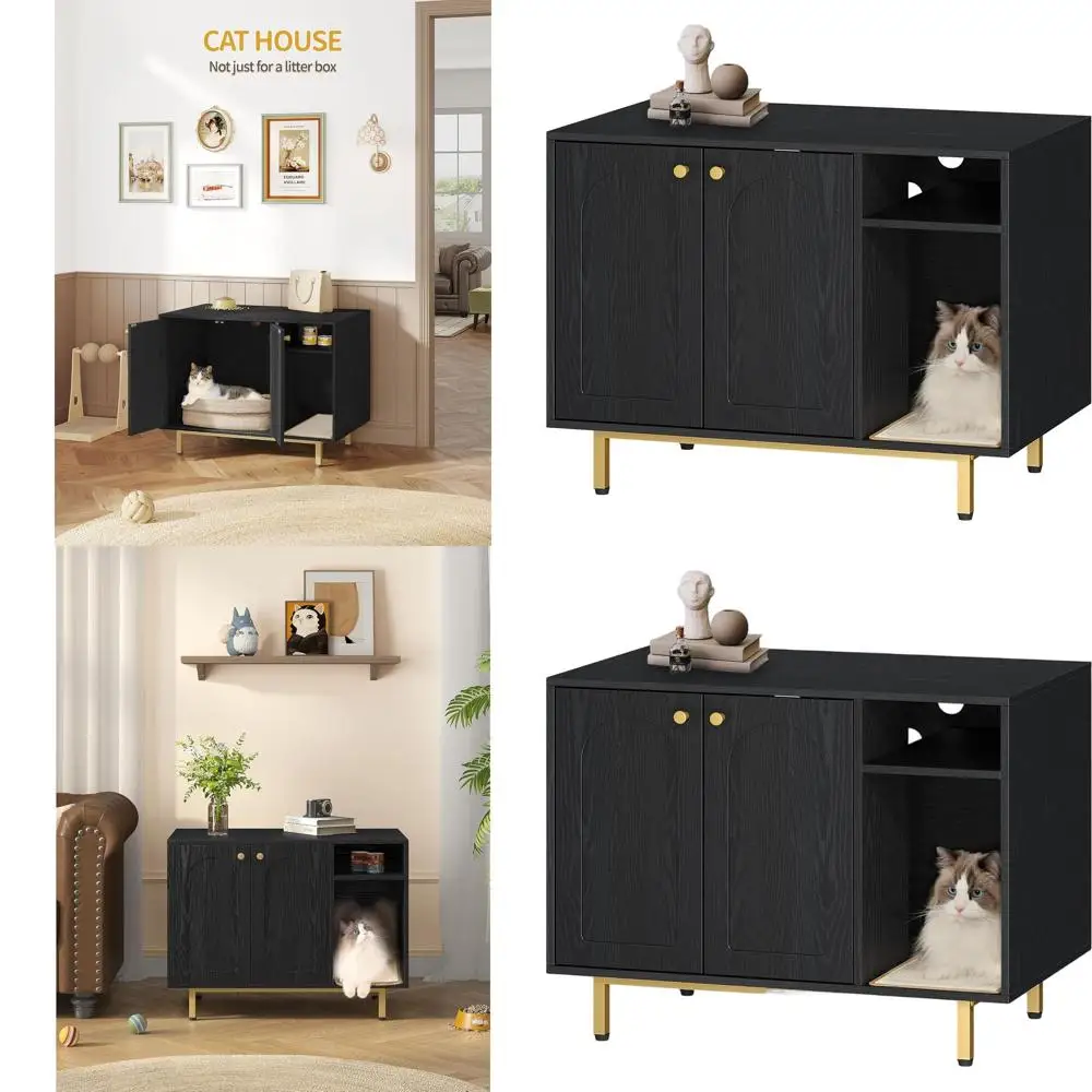 

Black and Gold Wooden Cat Litter Box Enclosure with Storage, Large Indoor Hidden Cabinet for Living Room