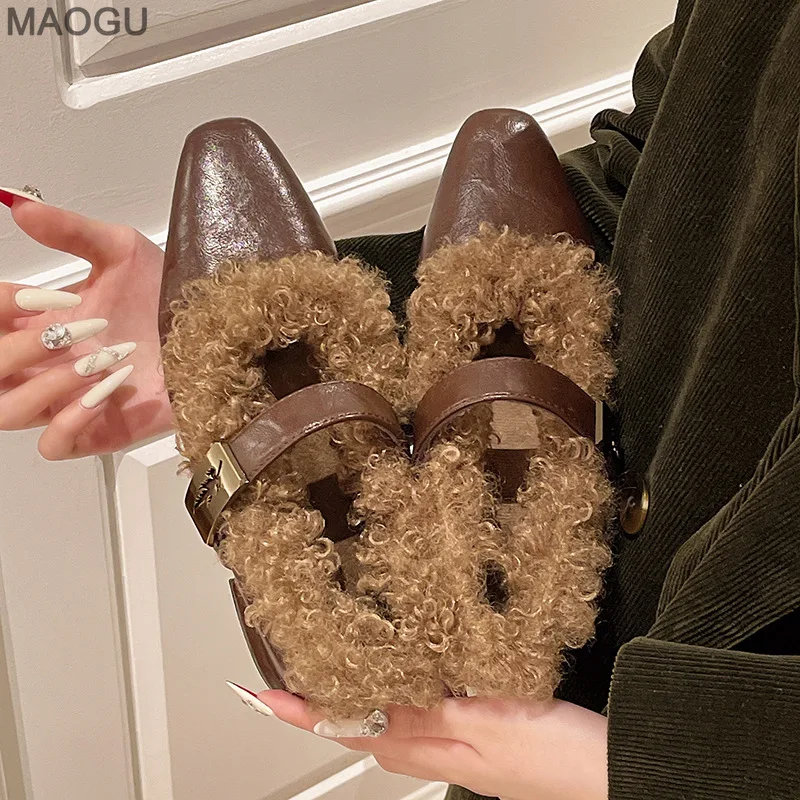 Autumn Winter Women's Low Heel Mary Jane Shoes Square Toe Fuzzy French Retro Style Plush Pumps Vintage Comfortable Footwear