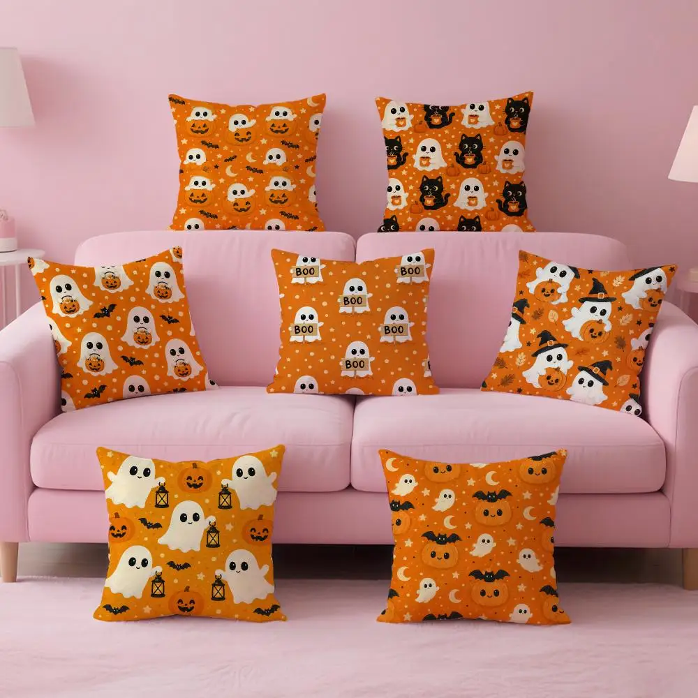 Cute Halloween Ghost Pumpkin Seamless Cushion Cover Comfortable Double Sided Pillow Cover For Car Sofa Bedroom & More