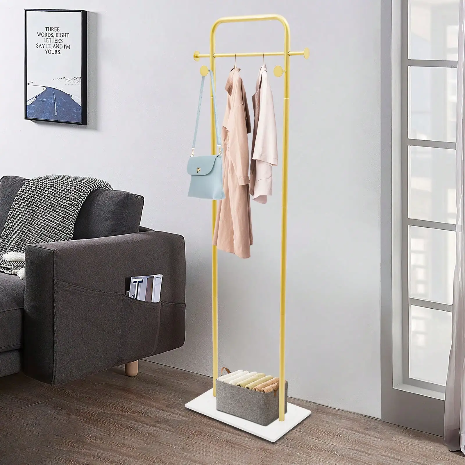 Gold/White Freestanding Clothes Coat Rack With Shelf, Metal Clothing Display Rack For Boutiques, Heavy Duty Garment Rack