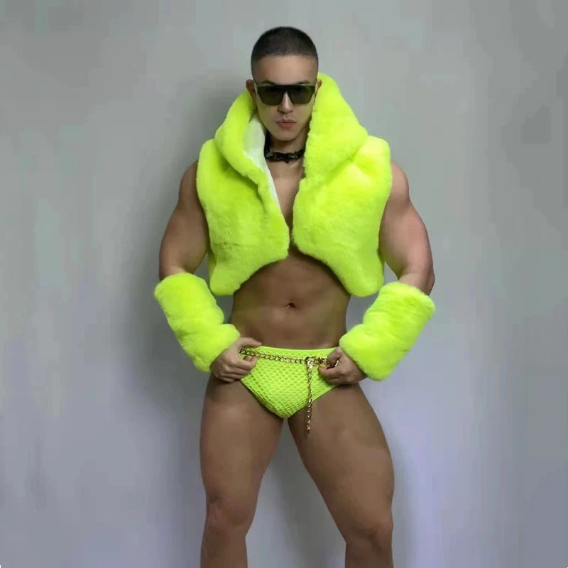 

Green Men Singer Nightclub Sexy DJ Gogo Dance Costume Male Team Dancer Stage Wear Fluorescent green Faux Fur Hooded Vest