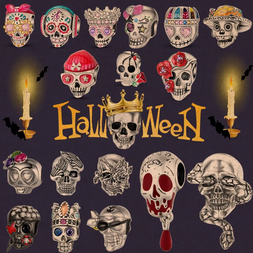 

Handmade 925 Sterling Silver Feather Crown Doodle Halloween Skull Dangle Charm Fit Original Bracelet DIY Jewelry Gift For Friend