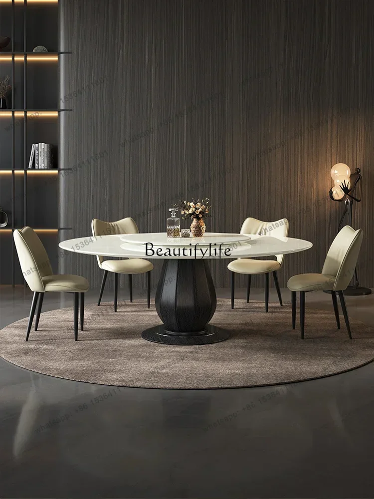 JJ4 White Ice Jade Natural Luxury Stone Dining Table and Chair Assemblage Zone Turntable Solid Wood round Dining Table High Sens