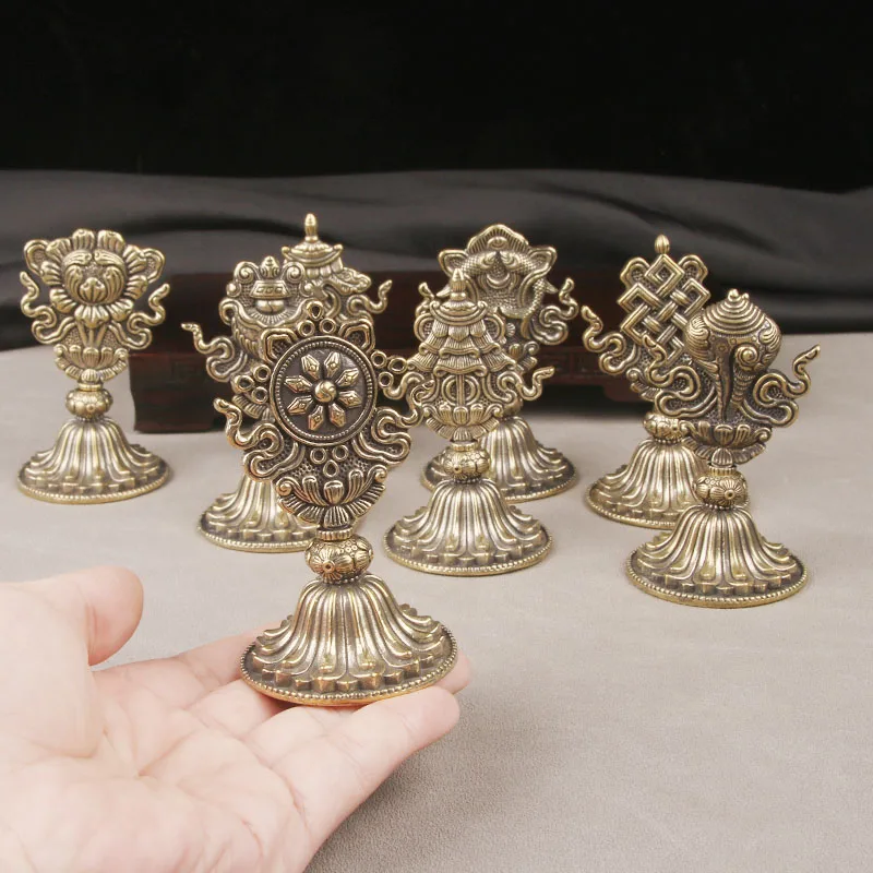 Brass Eight Auspicious Symbols Statue Tibetan Religious Desktop Ornament Vintage Tibetan 8 Treasures Craft Worship Decor Gift