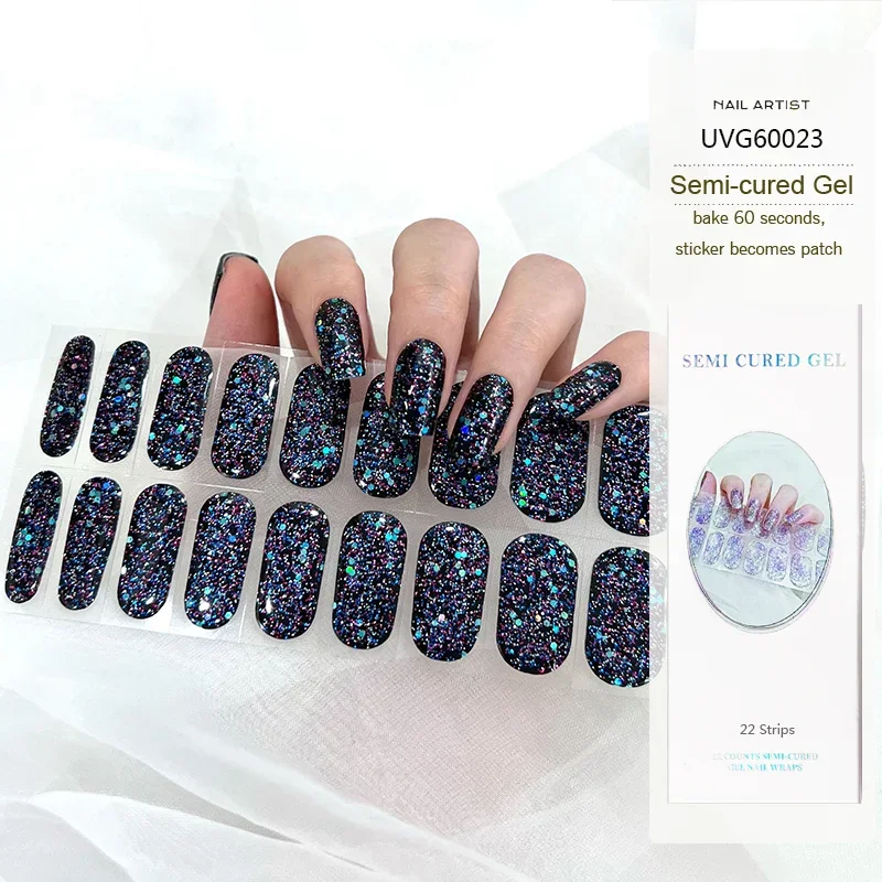 Starlight UV Semi-durci Gel Nail Strips Autocollants, Imperméable, Full Glitter Gel Stickers, souhaits on, N64.UV Lamp Requis, 22 Tips