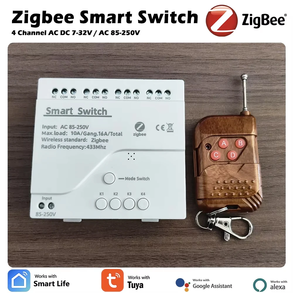 

4-канальный радиочастотный релейный модуль Zigbee, дизайн сухого контактного переключателя, интеллектуальная совместимость Tuya, 12 В/24 В/230 В, требуется концентратор шлюза, поддержка Alexa