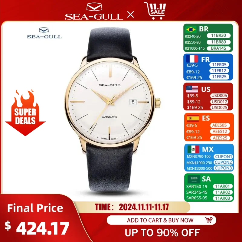 Seagull Men's Automatic Wristwatch Bauhaus Business Casual Watches Belt Waterproof Ultra-Thin Mechanical Watch reloj 519