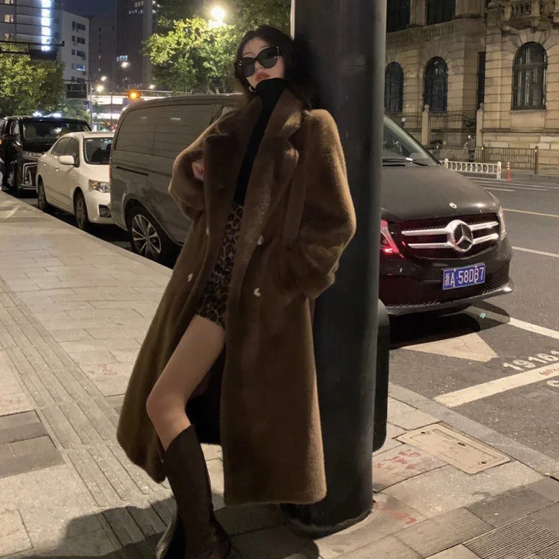 Autumn and Winter Mink Fur Trench Coat Women Thickened Double Breasted Turn Down Collar Long Jacket Korean Style Solid Coats