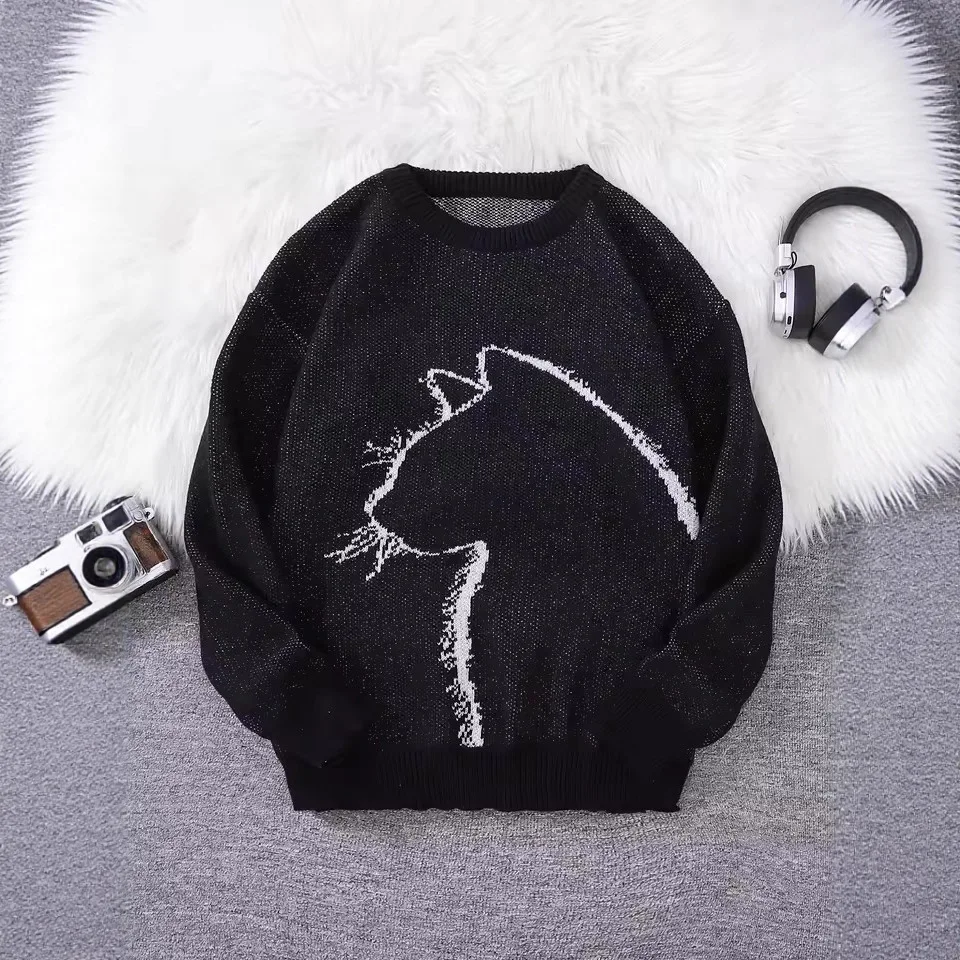 

European and American Knitted Sweater, Hip-hop Cartoon Printed Pullover, Streetwear Y2k Clothing, Unisex Black Sweater