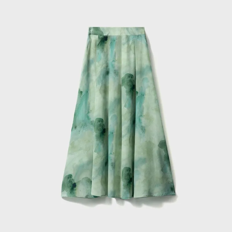 High Quality Chinese Style Ink Painting Silk Skirt Female Gentle Graceful Pleated Midi Summer