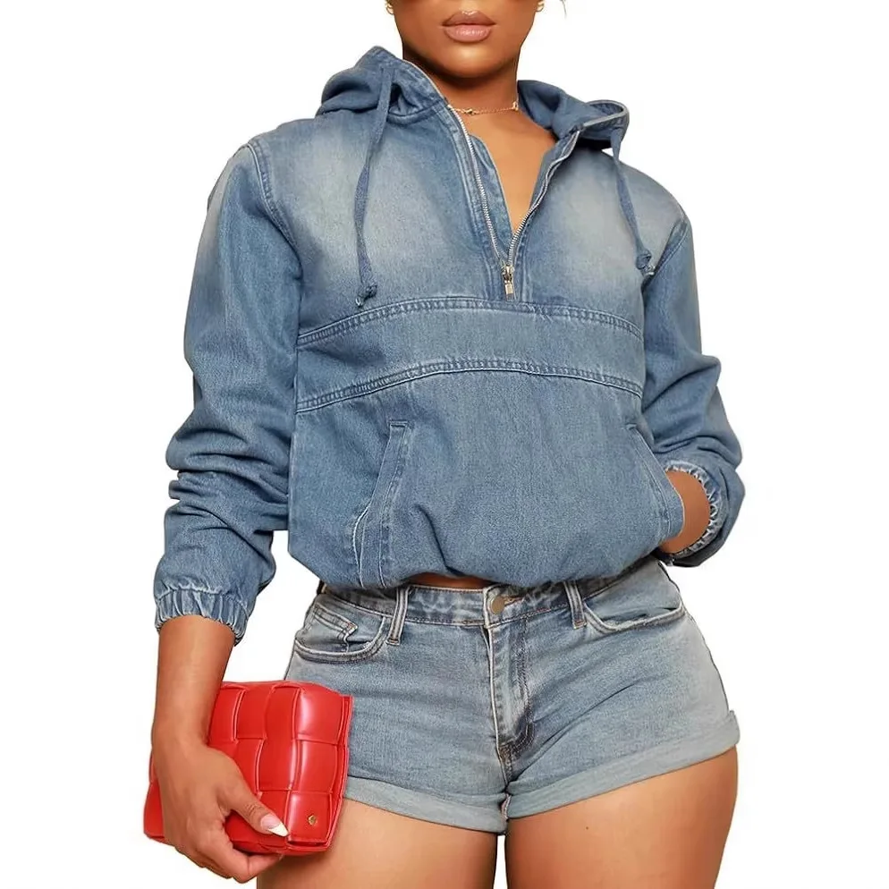 Autumn Women Cowboy Zipper Hoodie Grunge Y2k Long Sleeves Coat Wash Irregular Hoodie Streetwear Loose Casual Clothes Gothic Tops