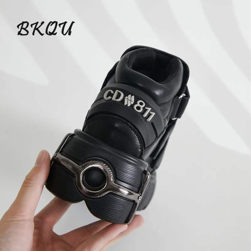 BKQU Punk Cake Shoes 2024 Fall/winter New Female and Men Heavy Metal Low-top Small Leather Shoes Black Motorcycle Boots