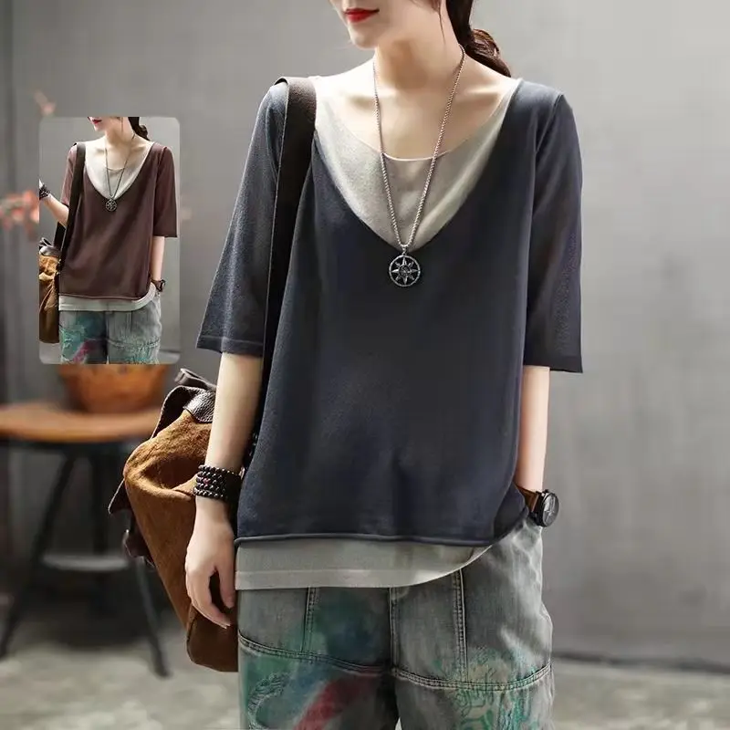 Fashion V-Neck Spliced Loose Fake Two Pieces Blouse Women\'s Clothing 2024 Summer New Casual Pullovers All-match Commute Shirt