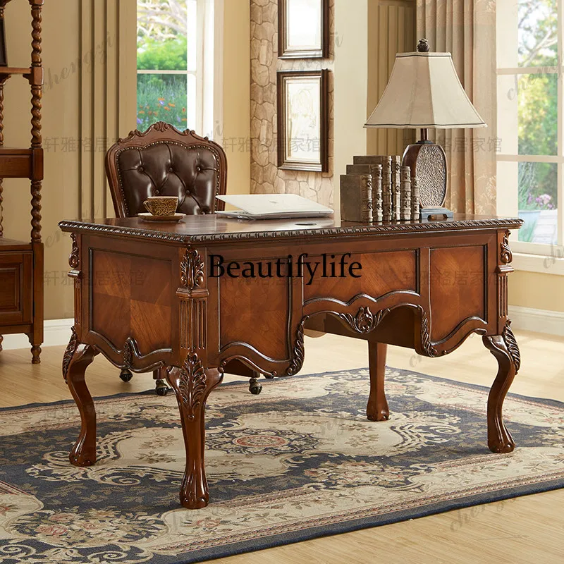 American solid wood antique office desk boss computer desk European writing calligraphy