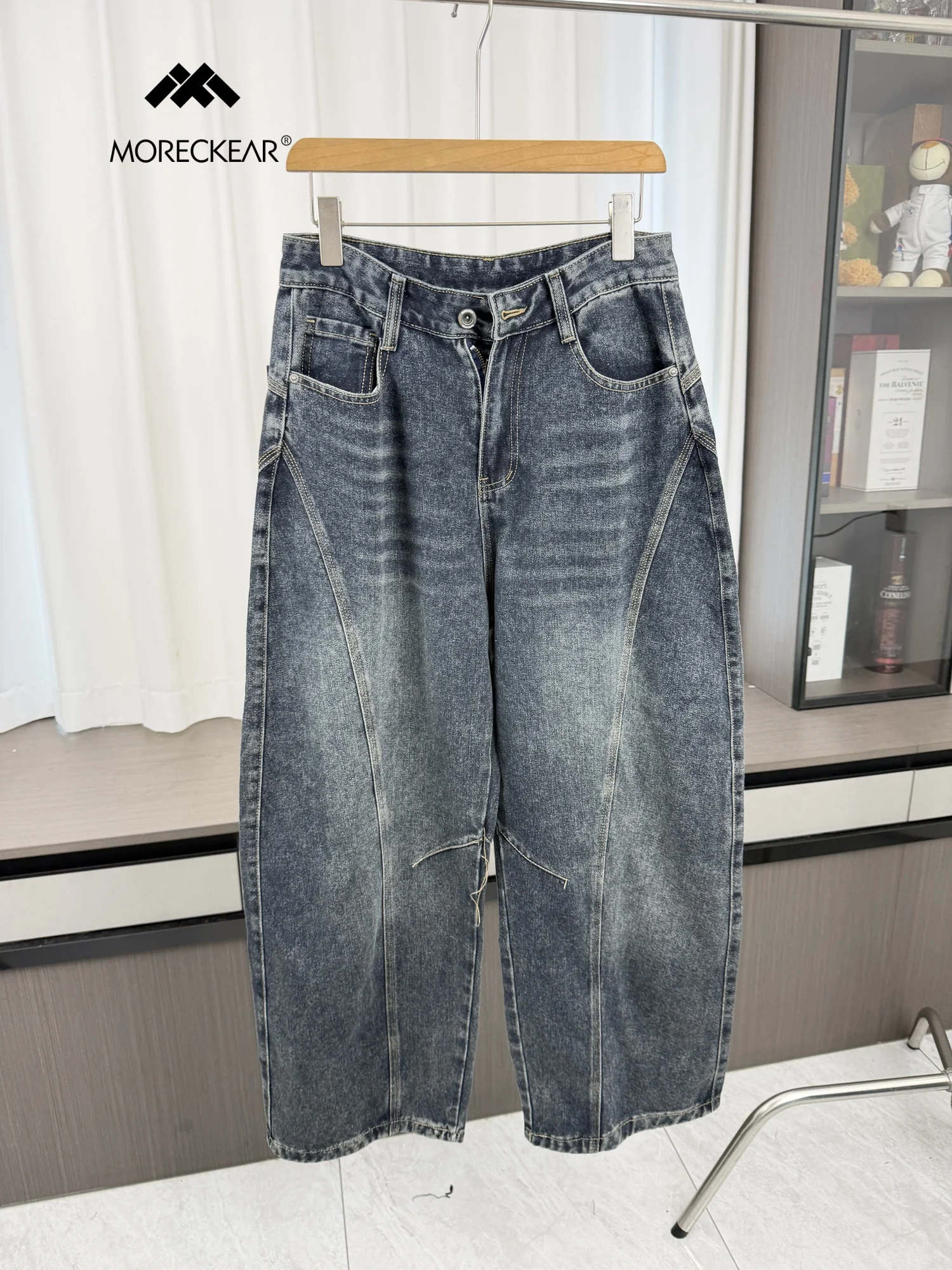 American Style Three-Dimensional Splicing! Design Sense Patchwork! Autumn Men's Washed Loose Handsome Jeans High Waist Button...