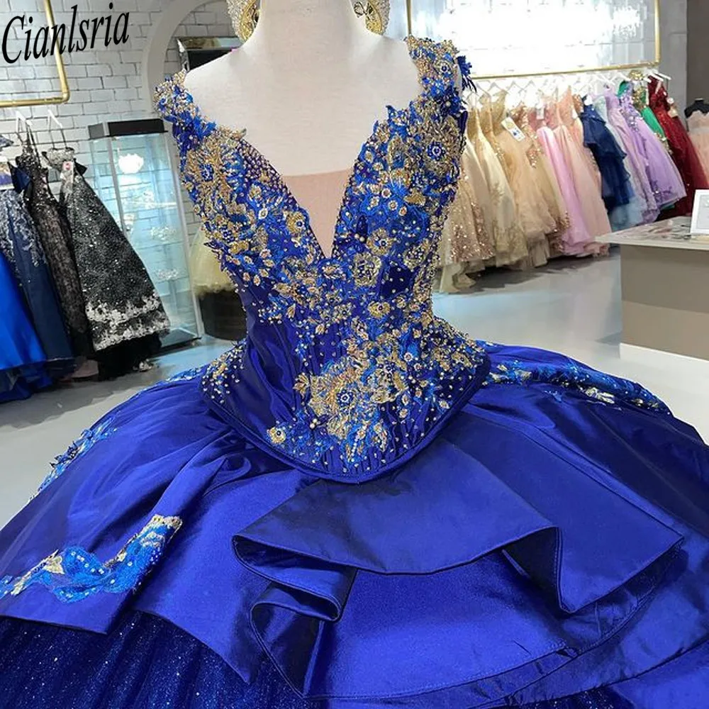 Vestido azul real de quinceañera, dulce vestido de encaje dorado mejicano de 16, tafetán hinchado, vestido de baile de graduación, vestido de corsé de 15 años